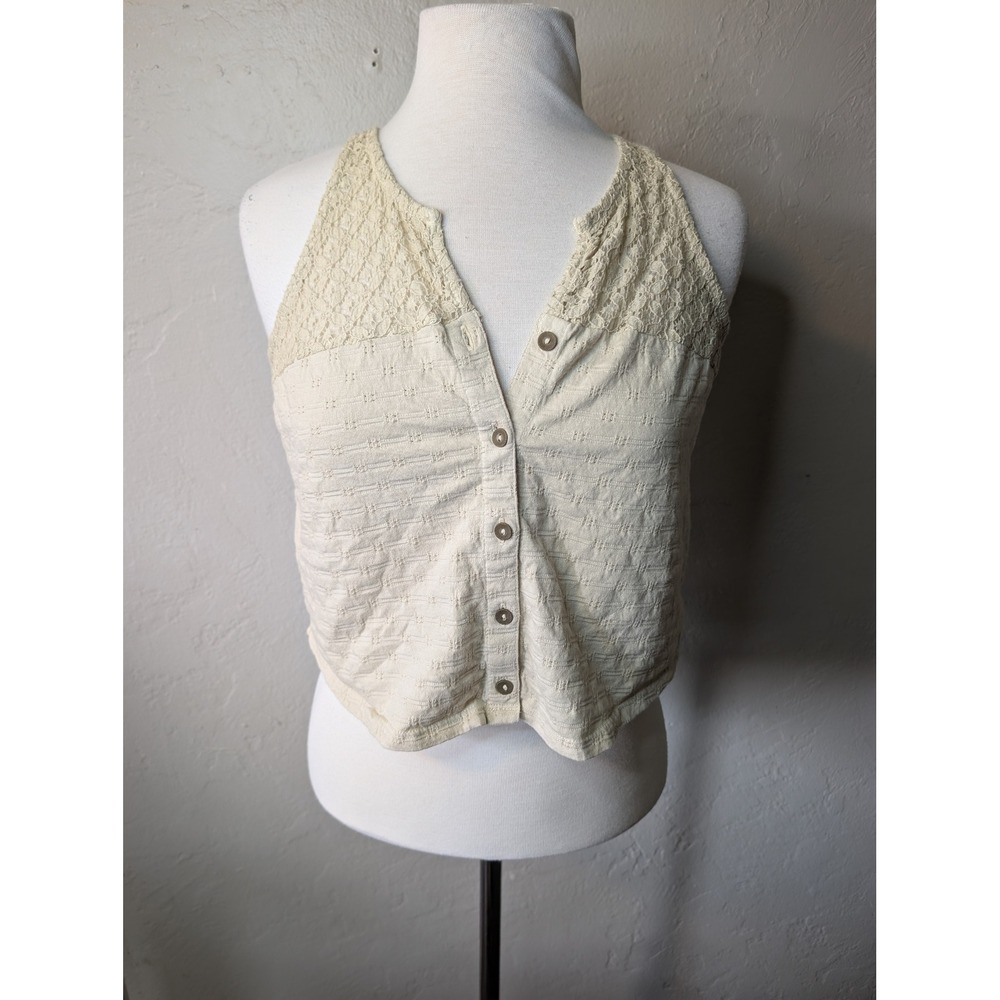 Cleo‎ and Wolf Beige Boho Crotchet Crop Top button down size Small